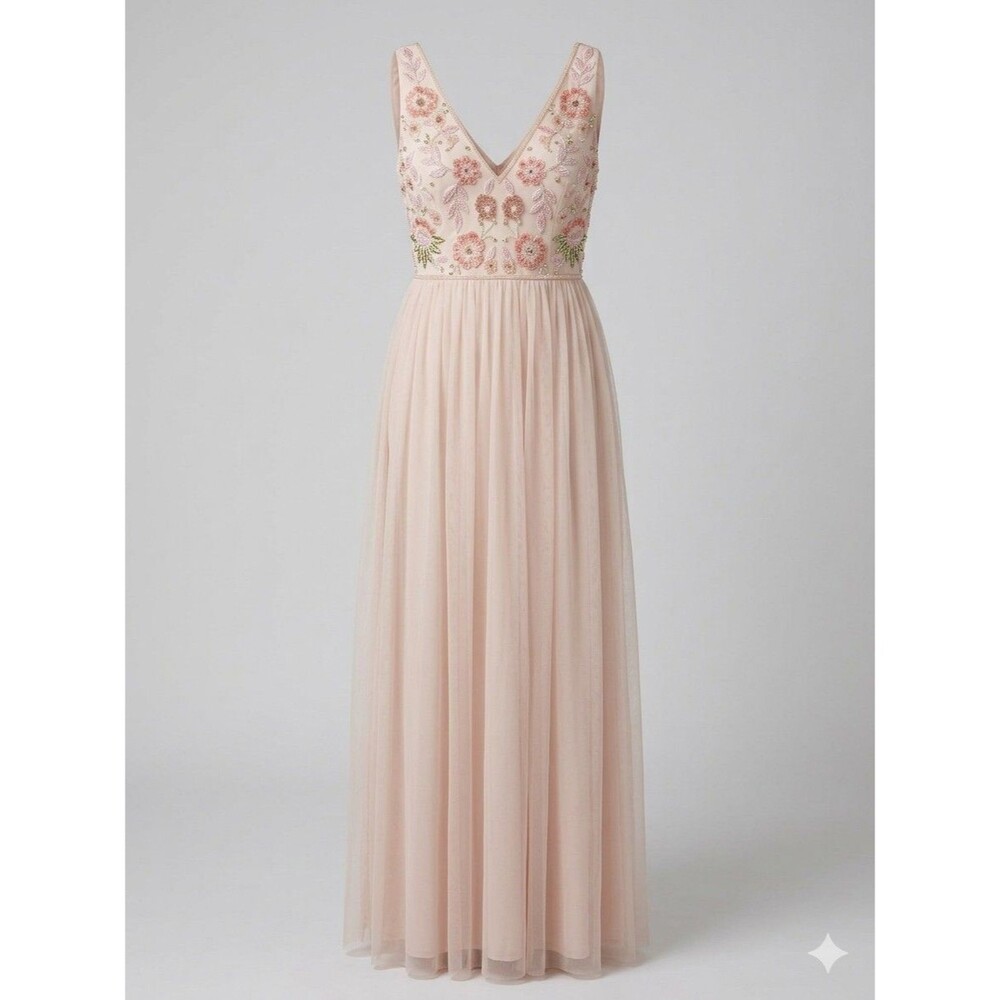 Adrianna Papell x BHLDN "Hibiscus" Beaded Maxi Gown – Blush Pink Size 16